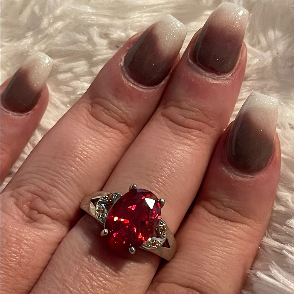 925 Sterling Silver red & orange CZ cocktail ring